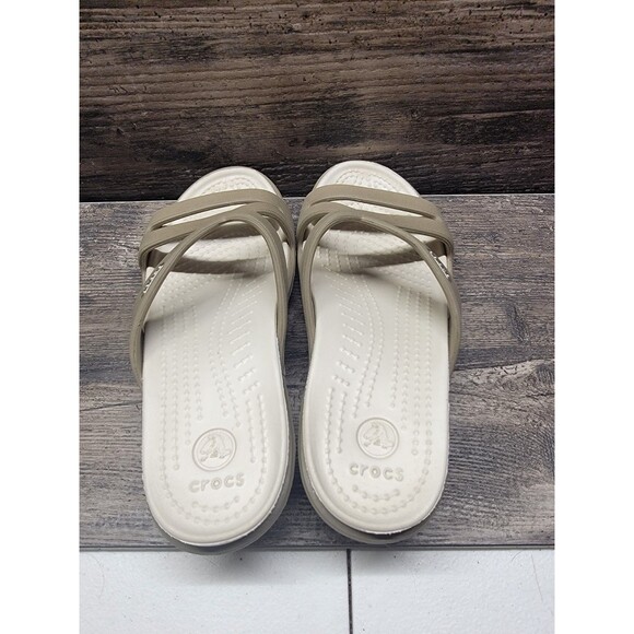 CROCS Patricia Wedge Slide Sandal Womens 5 Khaki & Pearl White Style #10386 EUC - Picture 3 of 4